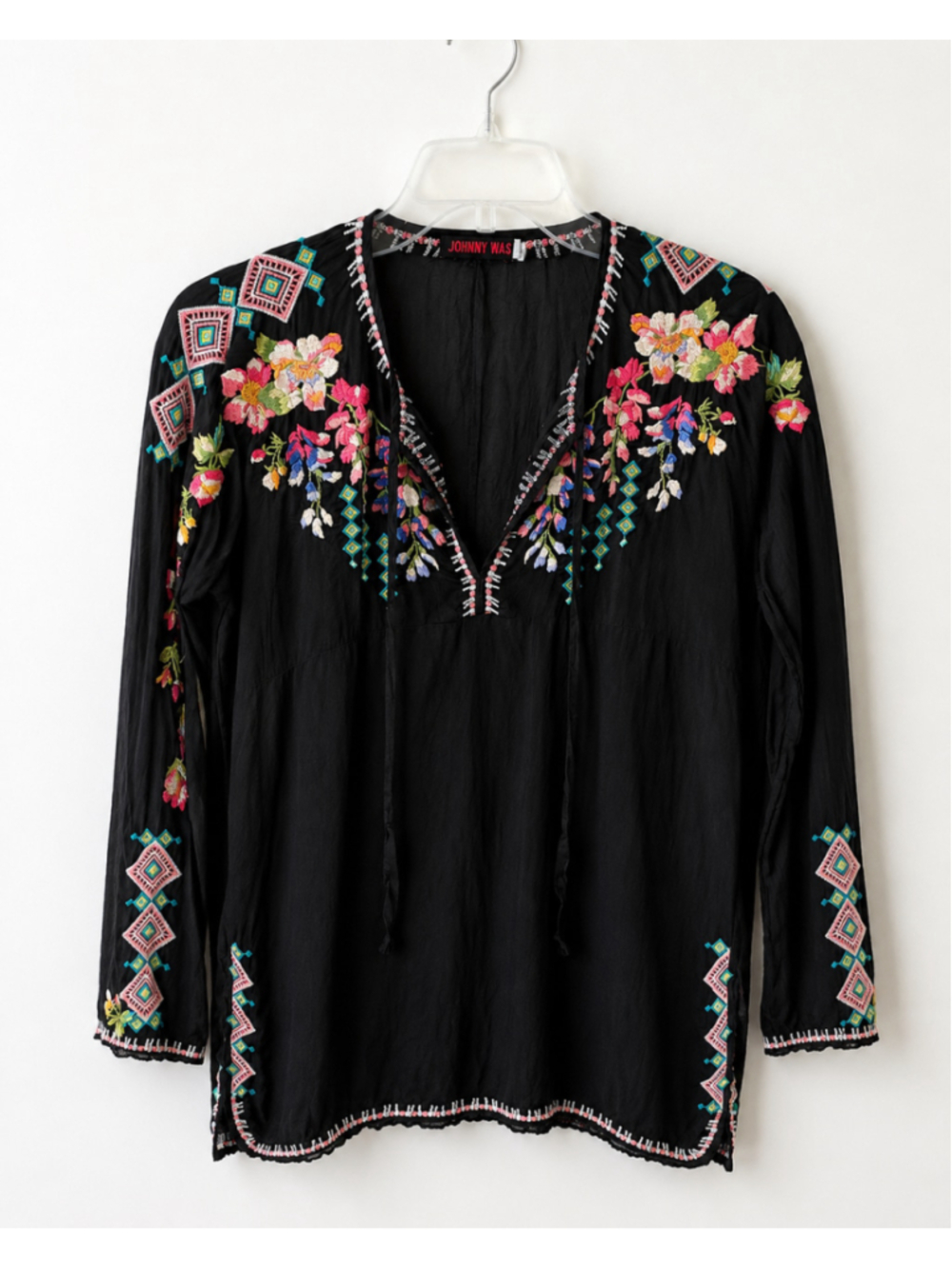 Johnny Was Women’s S Black Floral Embroidered Boho Tunic Blouse Cupra Rayon